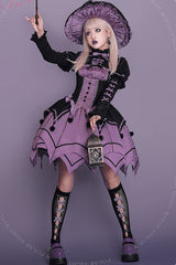 Black / Purple Round Collar Ruffled Long Sleeves Waist Irregular Hem Imp Sweet Lolita OP Dress Full Set - Product - 2