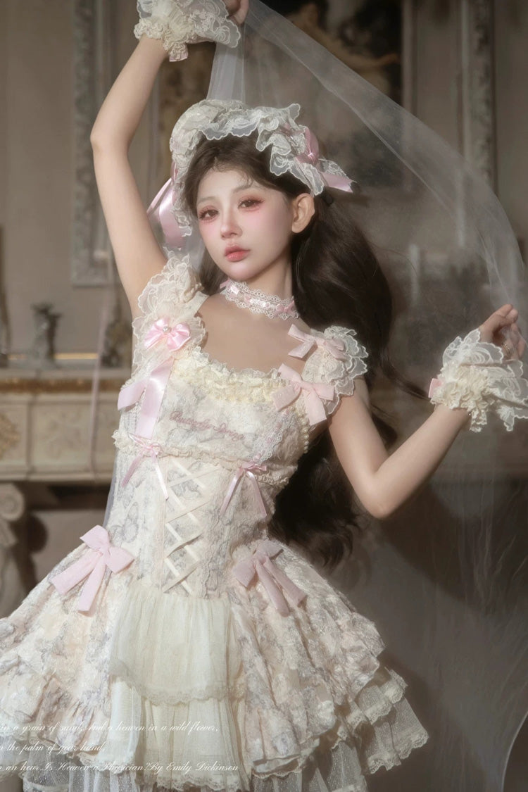 [Summer Butterfly] Square Collar Flutter Sleeves Multi-Layered Printed Ruffled Bow Lace Sweet Lolita Jsk Dress 5 Colors (Blue, Pink, Purple, Green, Beige) - Beige - 15