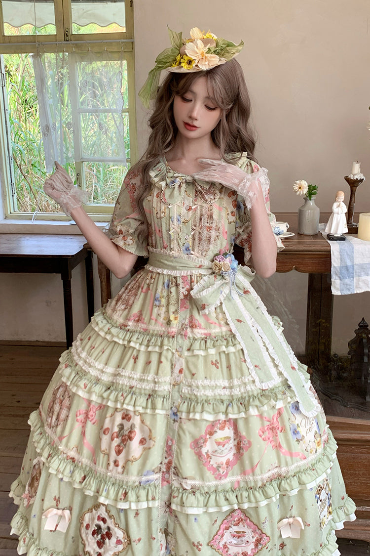 Green [Cat Rose Tea] Short Sleeves Print Ruffle Cardigan Bowknot Sweet Gorgeous Lolita Dress - Product - 8