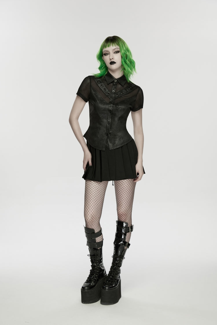 Black Lapel Collar Short Sleeves Lace-Up Mesh Eyelet Women's Punk Blouse - Product - 8