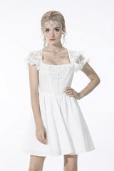White Layered Lace Square Collar Strappy Women's Gothic Mini Graduation Dress - White - 1