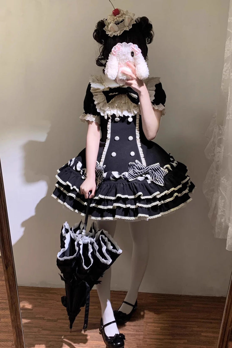 Black [Striped Layered] Short Sleeves Multi-Layered Ruffle Bowknot Sweet Princess Lolita Tiered Dress - Product - 6