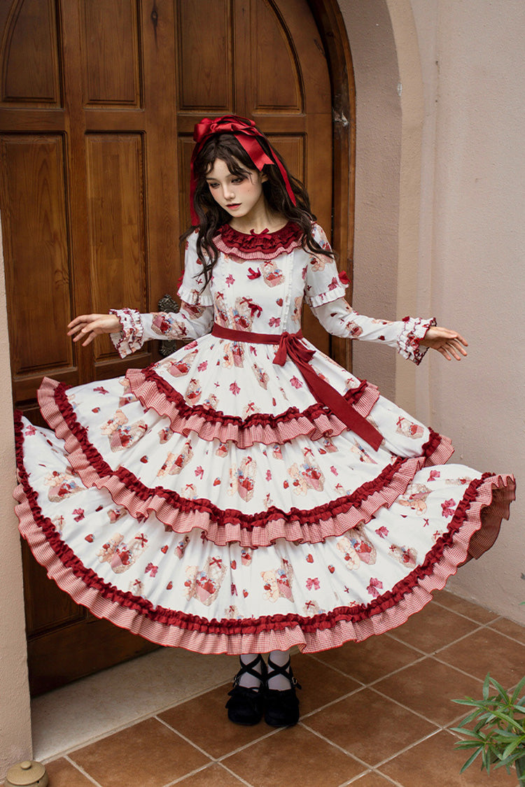 White/Pink [Bell Strawberry Farm] Print Long Sleeves Triple-Layered Ruffle Sweet Lolita Dress - Product - 5
