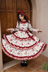 White/Pink [Bell Strawberry Farm] Print Long Sleeves Triple-Layered Ruffle Sweet Lolita Dress - Product - 5