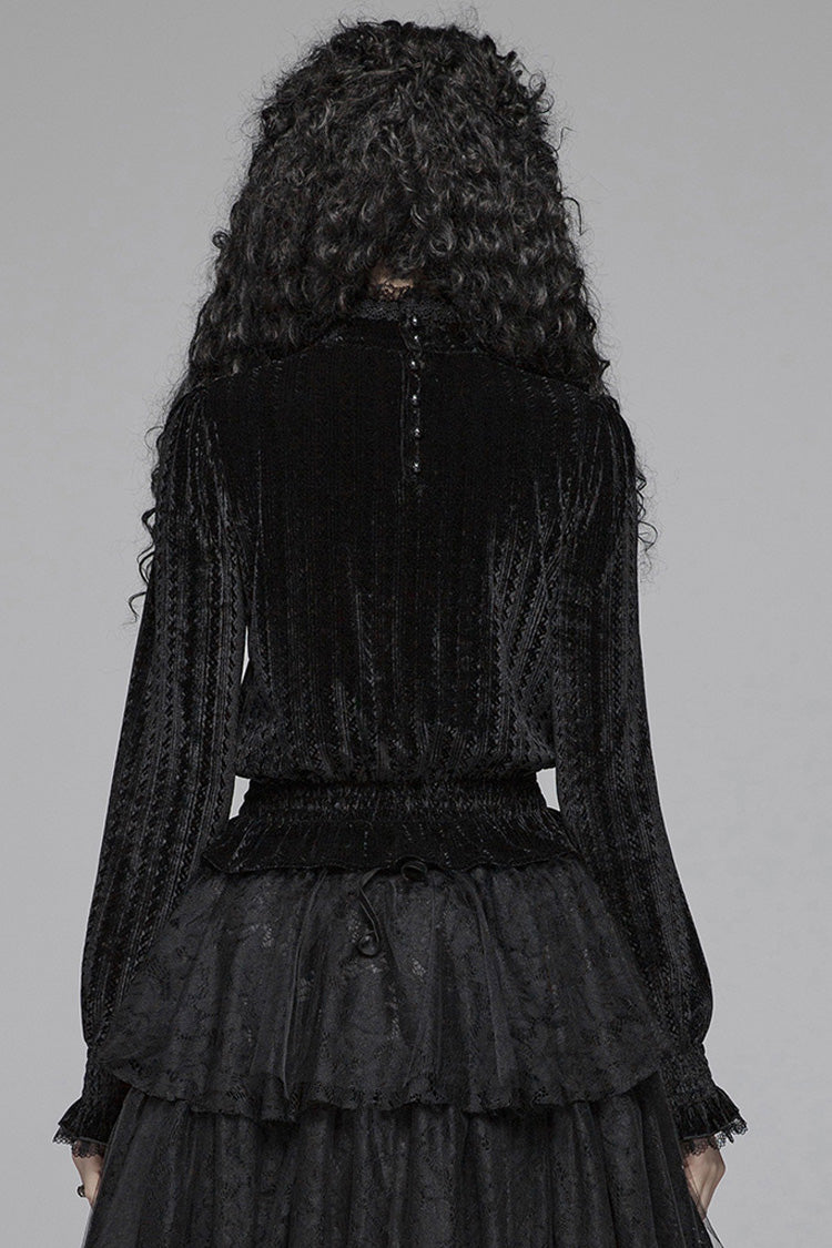 Black Stand Collar Long Sleeves Embroidery Floral Lace Women's Gothic Tops - Product - 3