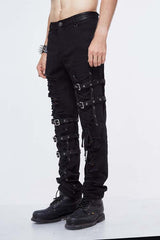 Black Asymmetric Loops Ragged Punk Rock Broken Holes Bandage Mens Pants - Product - 4