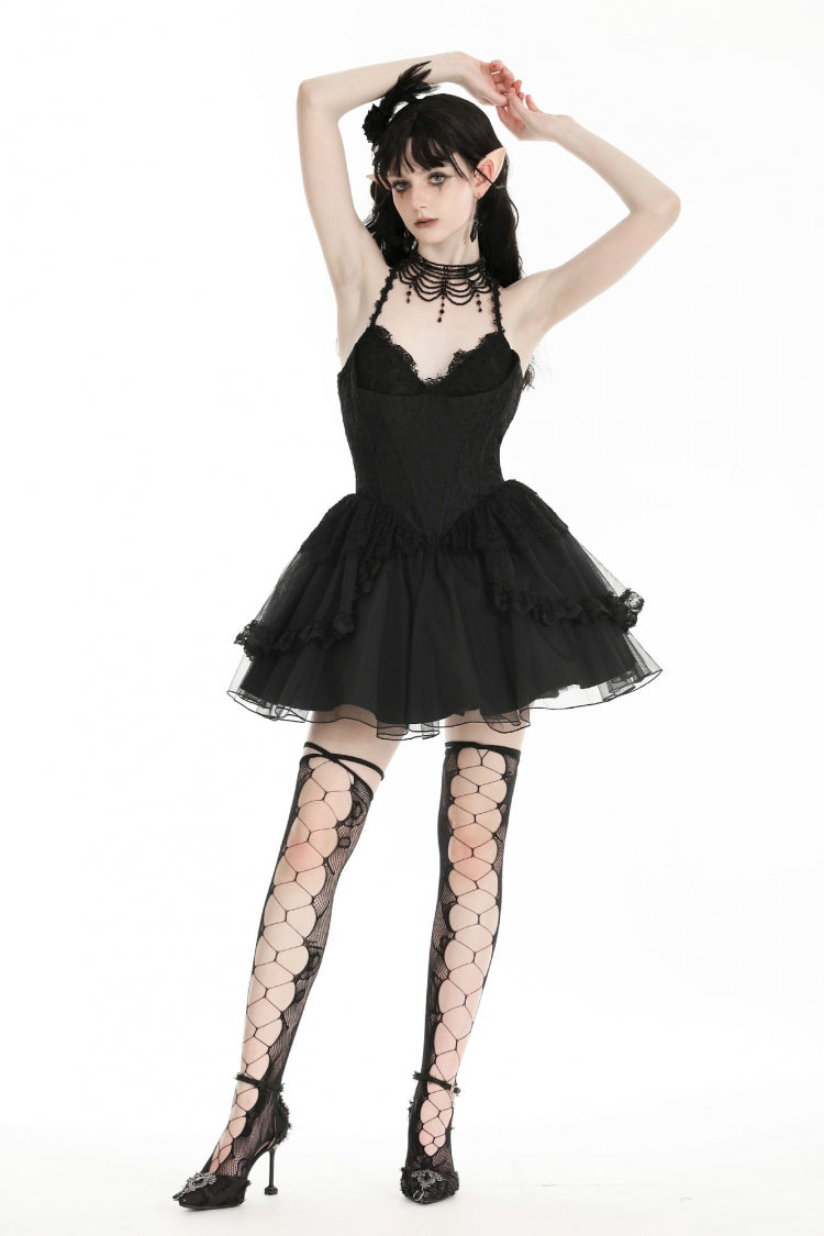 Black V Collar Sleeveless Multi-Layered Lace Trim Lace-Up Women's Gothic Party Slip Graduation Dress - Product - 9