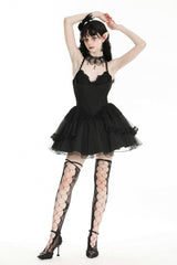 Black V Collar Sleeveless Multi-Layered Lace Trim Lace-Up Women's Gothic Party Slip Graduation Dress - Product - 9