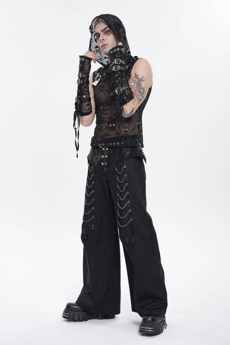 Black Spliced Studded Zippered Chain-Decorated Men's Punk Cool Pants - Product - 5