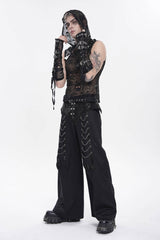 Black Spliced Studded Zippered Chain-Decorated Men's Punk Cool Pants - Product - 5