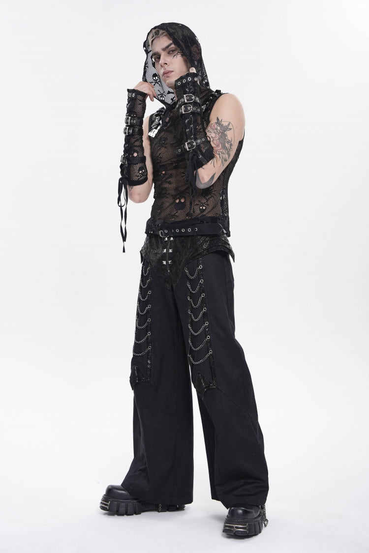 Black Spliced Studded Zippered Chain-Decorated Men's Punk Cool Pants - Product - 5