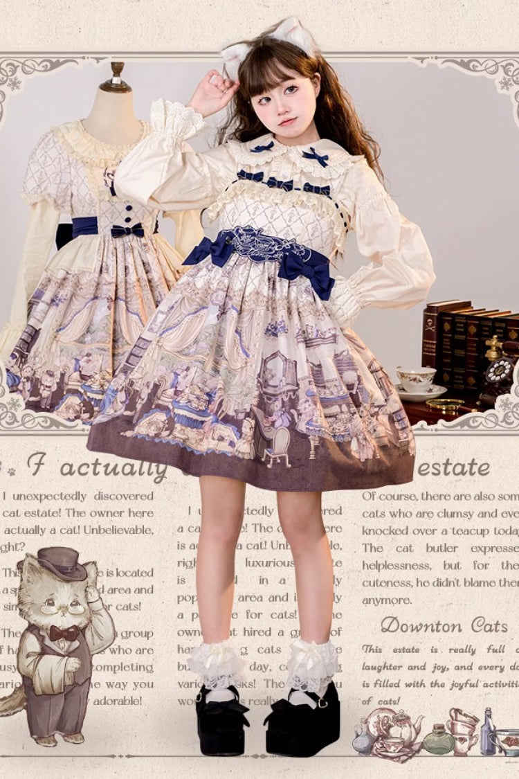 Multi-Color Cat Manor Print Embroidery Bowknot Sweet Lolita JSK Dress - Product - 4