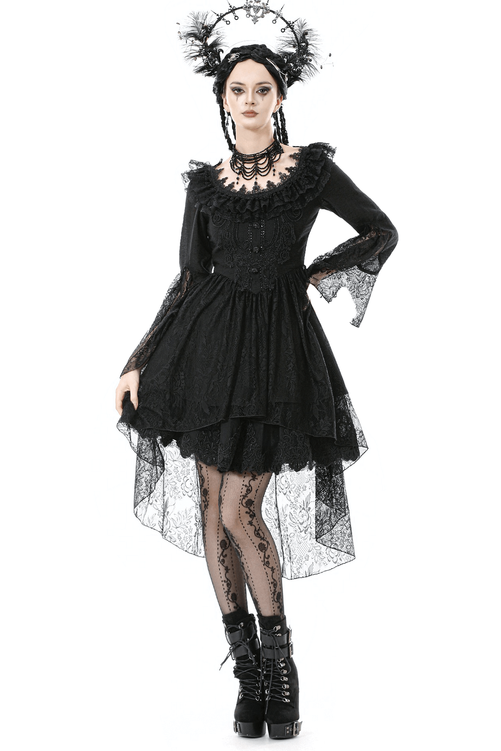 Dramatic Lace High Low Dress with Corset Back and Ruffles - image 1