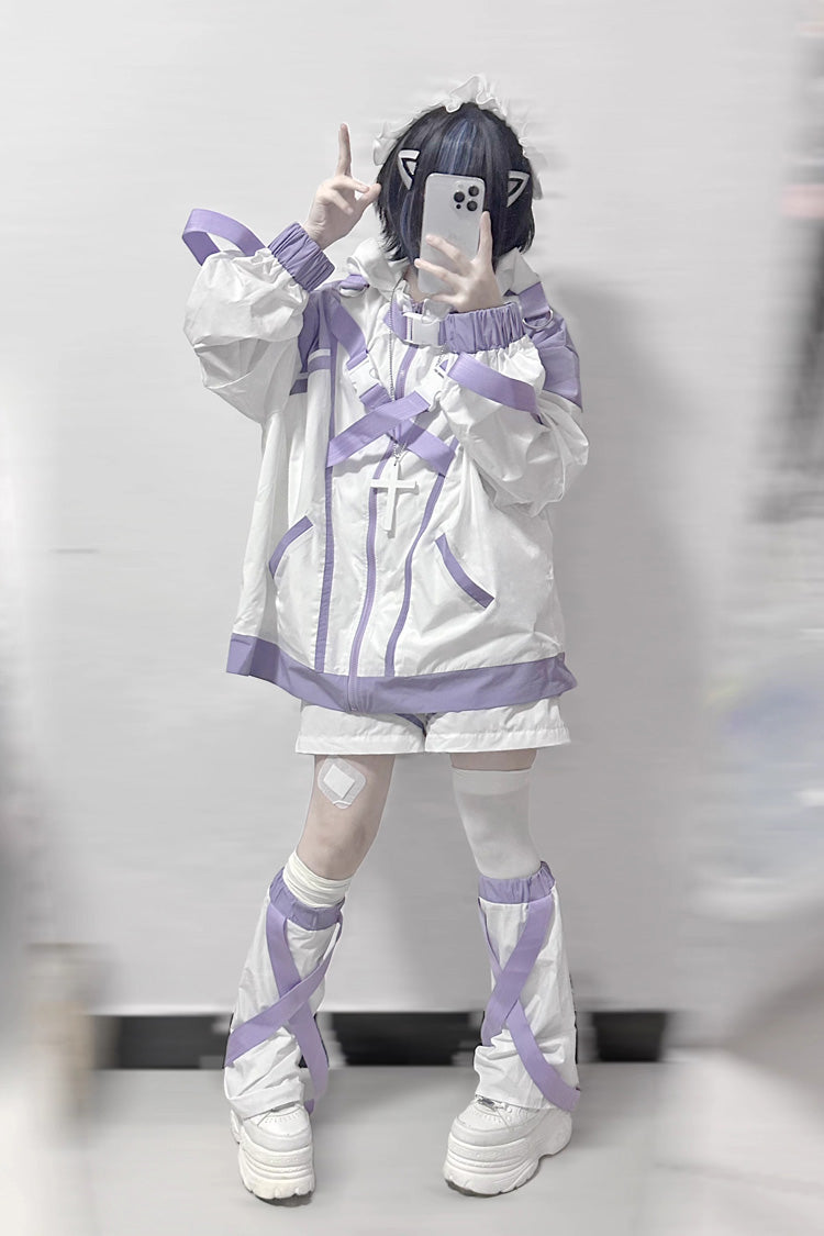 White/Purple Cyberpunk Functional Print Hooded Jirai Kei Japanese Sports Coat - Product - 4