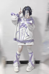 White/Purple Cyberpunk Functional Print Hooded Jirai Kei Japanese Sports Coat - Product - 4