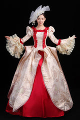 Wine/Golden Stitching Court Style High Waisted Trumpet Sleeves Embroidery Floral Print Victorian Lolita Prom Dress - Product - 2
