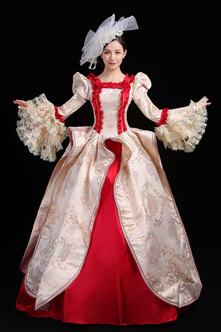Wine/Golden Stitching Court Style High Waisted Trumpet Sleeves Embroidery Floral Print Victorian Lolita Prom Dress - Product - 2