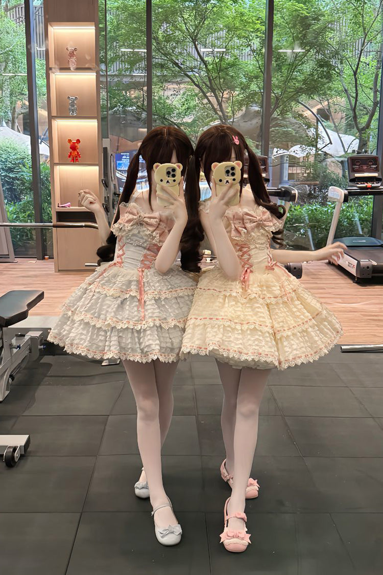 Apricot [Song of Floral Letters] Sleeveless Triple-Layered Bowknot Lace-Up Sweet Lolita Jsk Dress - Product - 5