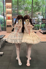 Apricot [Song of Floral Letters] Sleeveless Triple-Layered Bowknot Lace-Up Sweet Lolita Jsk Dress - Product - 5