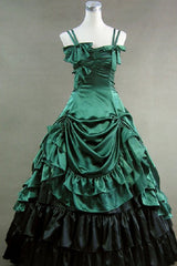 Green Cotton Sleeveless Floor Length Bowknot Multi-Layer Victorian Gothic Lolita Strap Dress - Green - 1