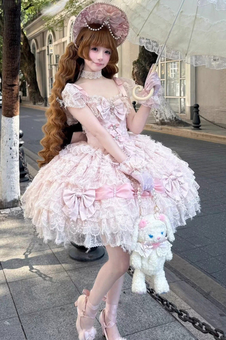 Pink [Cloudborne Snowfeather] Sleeveless Multi-Layered Hanayome Bowknot Pearl Gothic Lolita Jsk Dress - Pink - 1