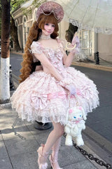 Pink [Cloudborne Snowfeather] Sleeveless Multi-Layered Hanayome Bowknot Pearl Gothic Lolita Jsk Dress - Pink - 1
