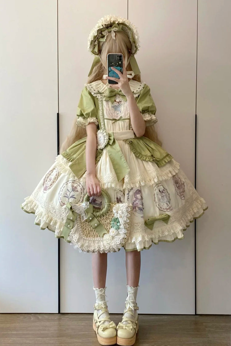 Green [Little Ida's Flowers] Short Sleeves Print Ruffle Bowknot Sweet Lolita Dress - Product - 10