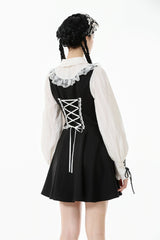 Black/White Faux Two-Piece Doll Collar Long Sleeves Lace-Up Women's Lolita Gothic Graduation Dress - Product - 4