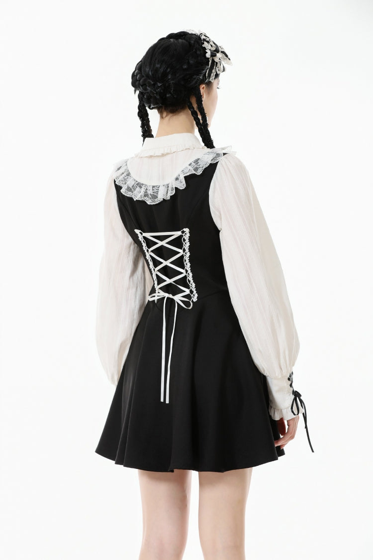 Black/White Faux Two-Piece Doll Collar Long Sleeves Lace-Up Women's Lolita Gothic Graduation Dress - Product - 4