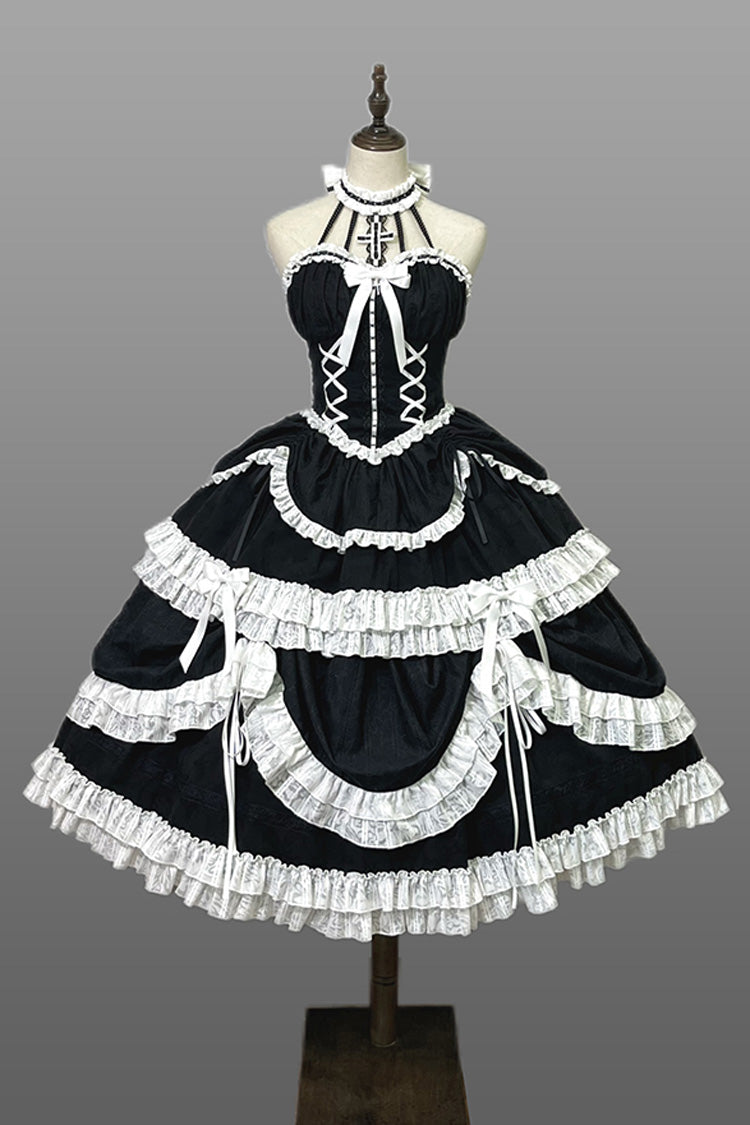 Black Cross Halterneck Ruffle Bowknot Lace Lace-Up Princess Gothic Lolita Dress - Product - 8