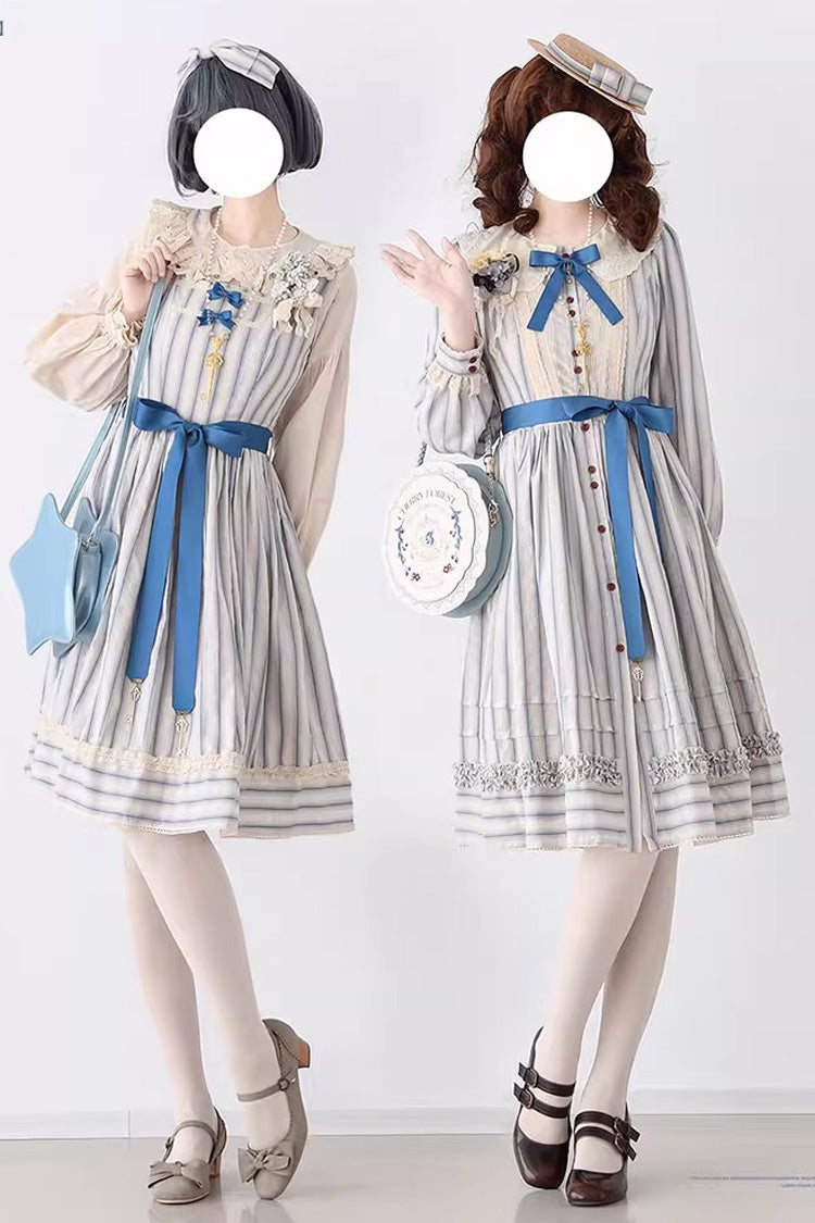 Forest Atlas Striped Print Long Sleeves Bowknot Sweet Lolita Dress 3 Colors - Product - 14
