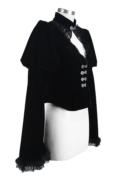 Small Stand Collar Flared Princess Sleeve Black Velveteen Short Womens Gothic Jacket - Product - 5