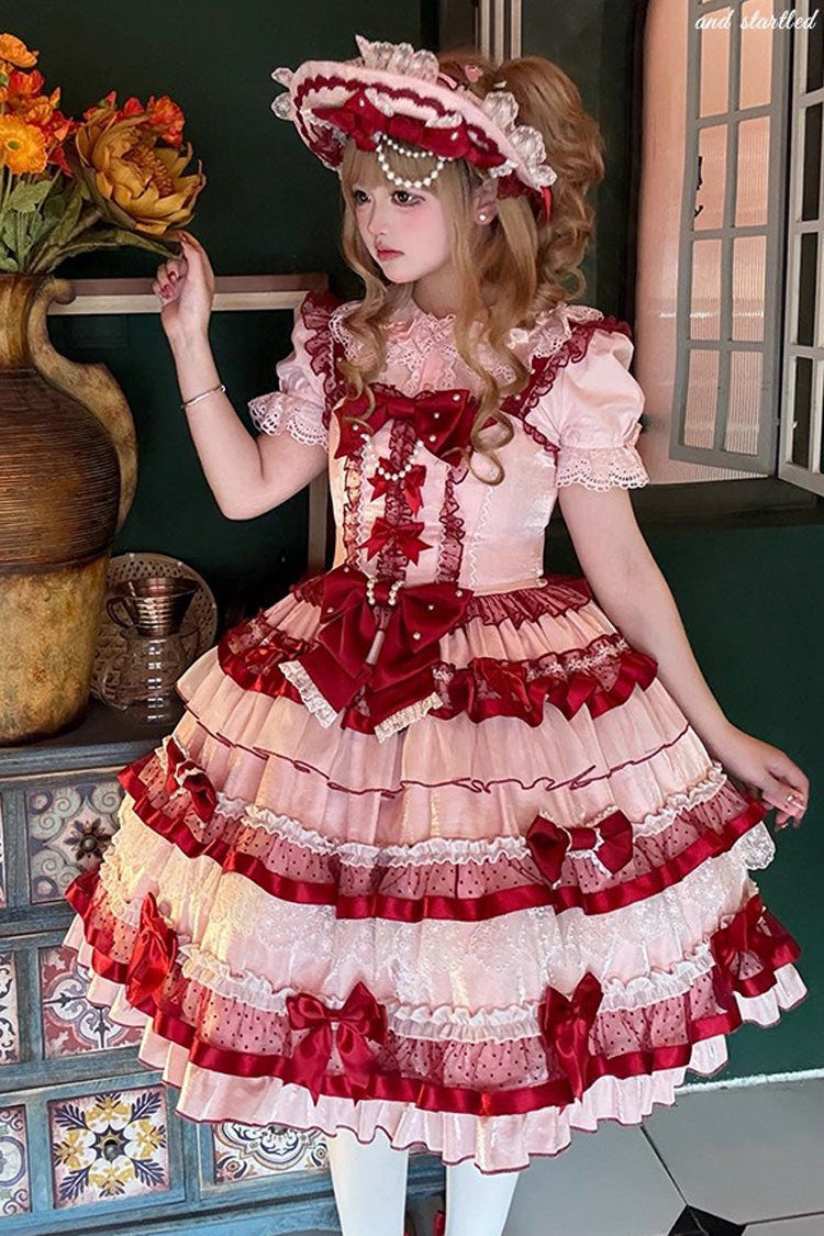 レッド [Ribbon Berries] ノースリーブ ティアード フリル リボン レース スウィートロリータ ジャンパースカート（JSK） 商品画像