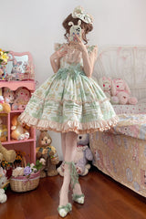[Green Grape] Sleeveless Multi-Layered Print Bowknot Sweet Lolita Jsk Dress - Green - 1