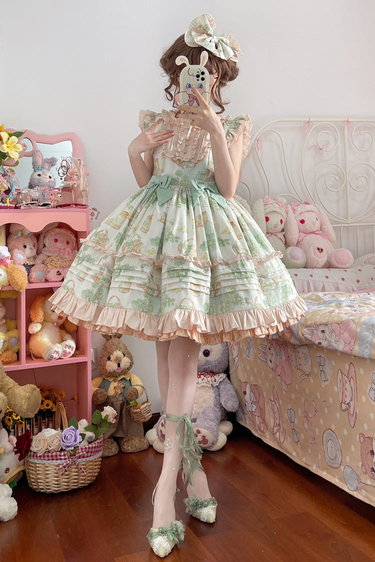 [Green Grape] Sleeveless Multi-Layered Print Bowknot Sweet Lolita Jsk Dress - Green - 1