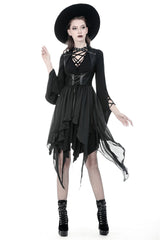 Black Chiffon Sleeveless Cut-Out Chest Irregular Hem Lace-Up Buckled Women's Punk Jacket - Product - 9