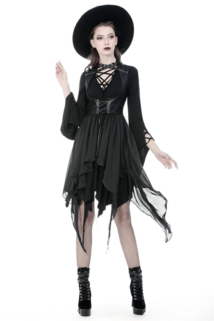 Black Chiffon Sleeveless Cut-Out Chest Irregular Hem Lace-Up Buckled Women's Punk Jacket - Product - 9