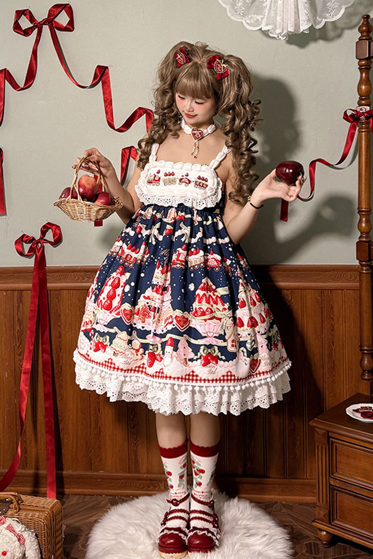Mint Strawberry Dessert Print High Waisted Ruffle Bowknot Sweet Lolita JSK Dress 4 Colors - Product - 13
