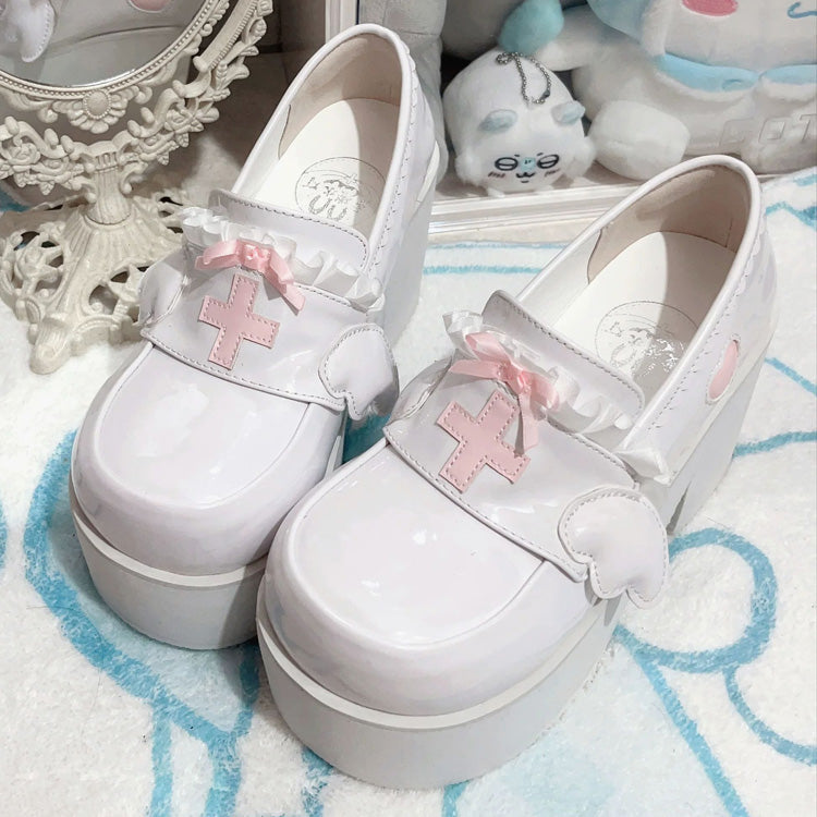 Medical Series Bowknot Ribbon Ruffled Round Toe Sweet Lolita Platform Shoes 4 Colors - Pink - 2
