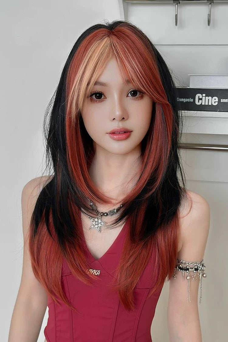 Y2K Style Black Orange Blonde Contrast Face Frame Highlights Layered Sweet Lolita Full Wig front view
