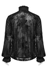 Black Stand Collar Lantern Sleeves Print Ruffle Lace Men's Gothic Blouse - Product - 7