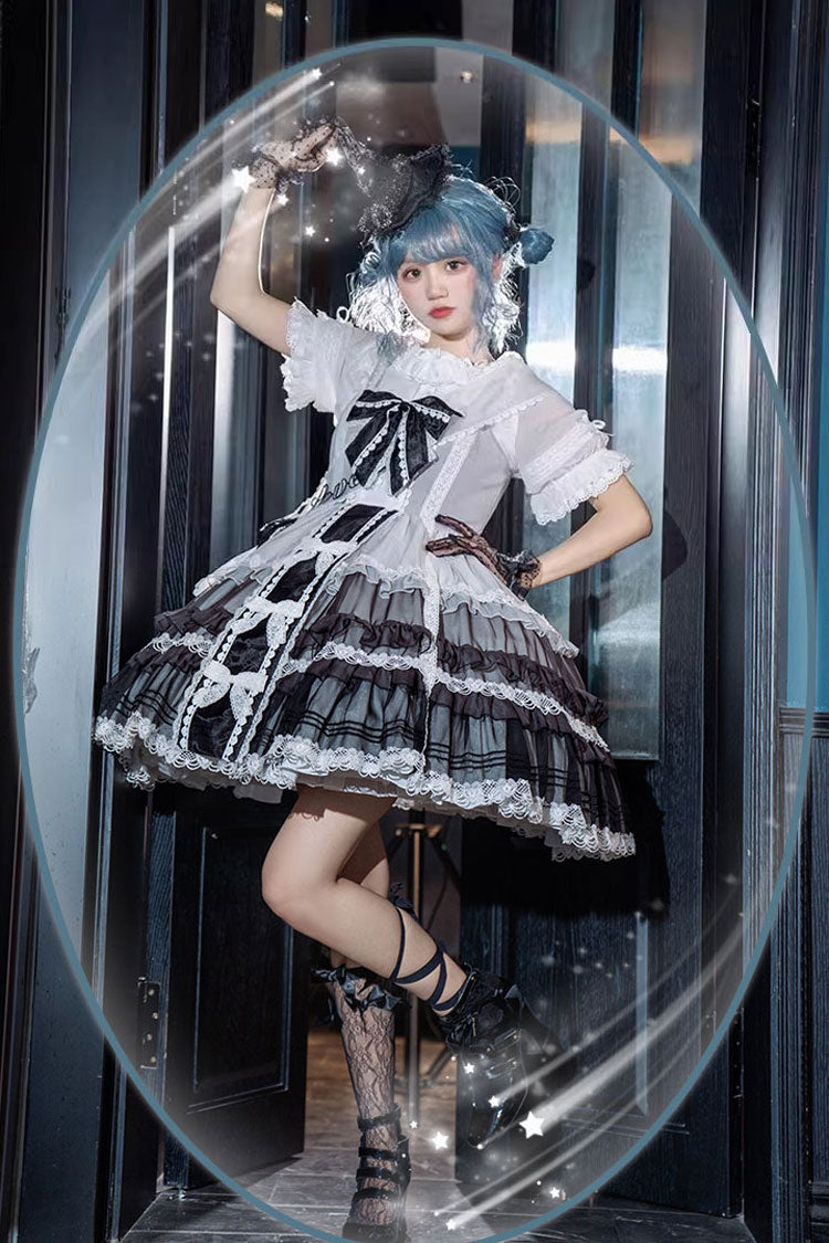 White/Black Multi-layer Ruffle Bowknot The Covenant of Summer Isle Gothic Princess Lolita Jsk Dress - Product - 2
