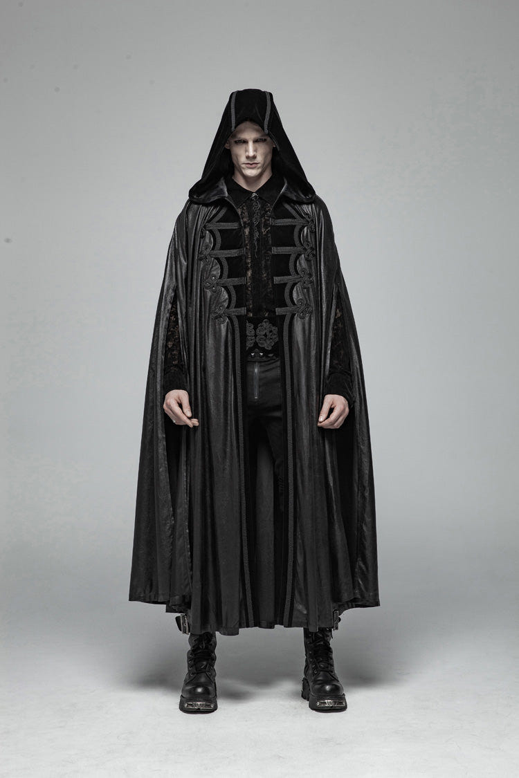 Black Print Embroidery Hooded Mens Gothic Coat Cloak - Product - 2