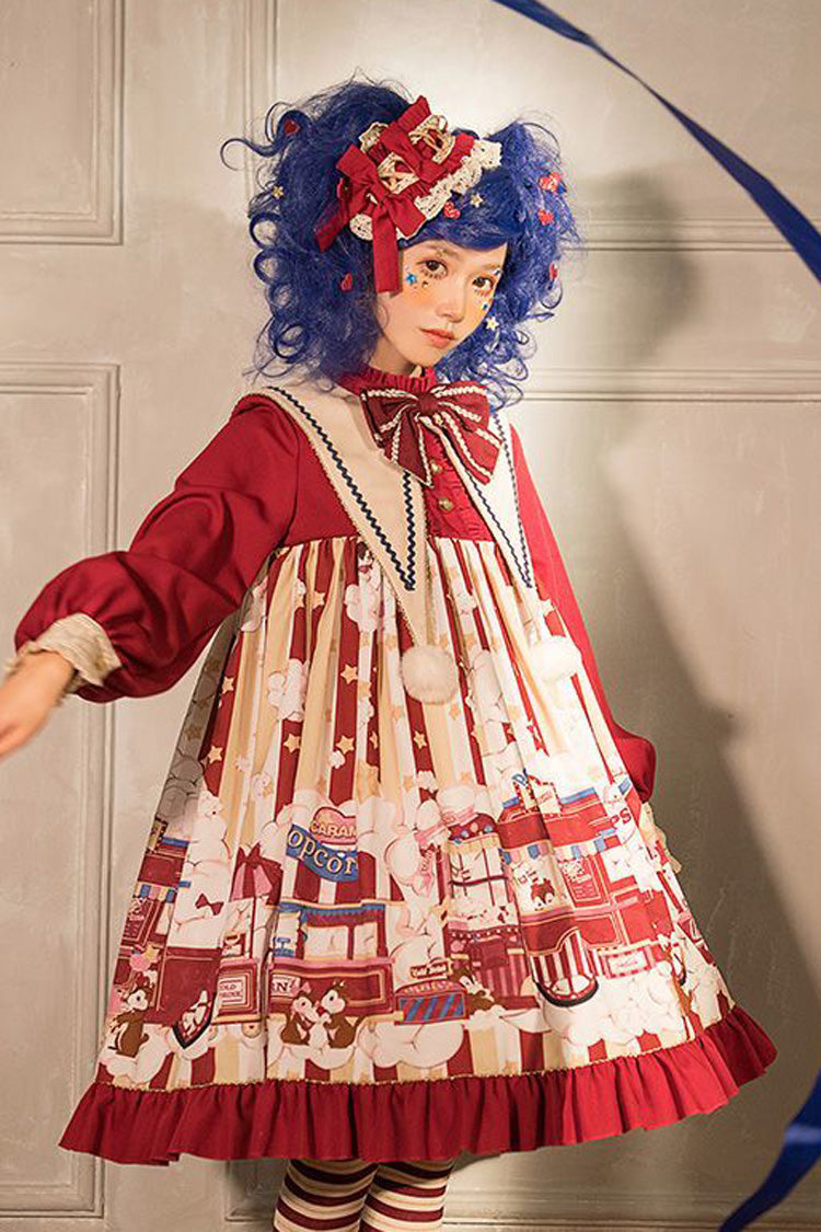 Red Lapel Collar Bowknot Lantern Long Sleeved Popcorn Print Sweet Lolita OP Dress - Product - 6
