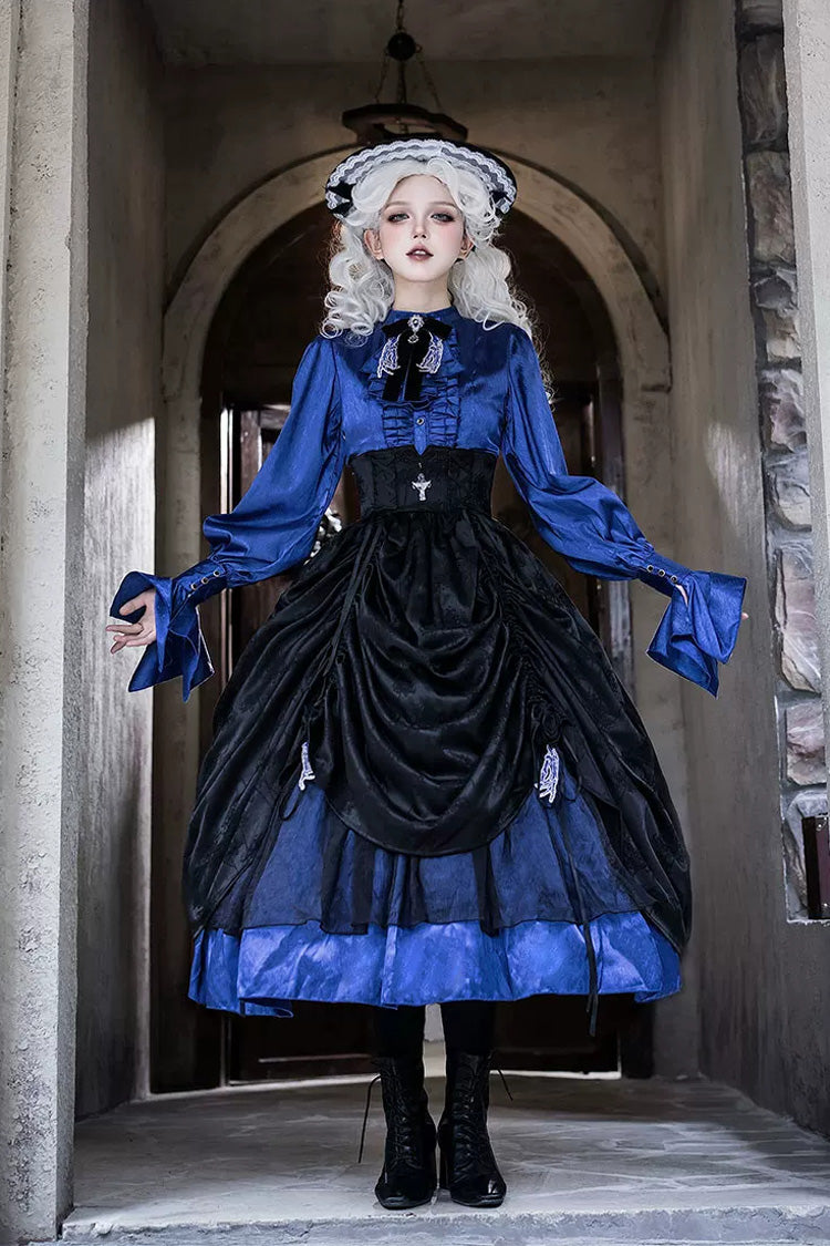 Black/Blue [Moonlit Return] Printed Boned Gothic Elegant Lolita Skirt - Product - 3