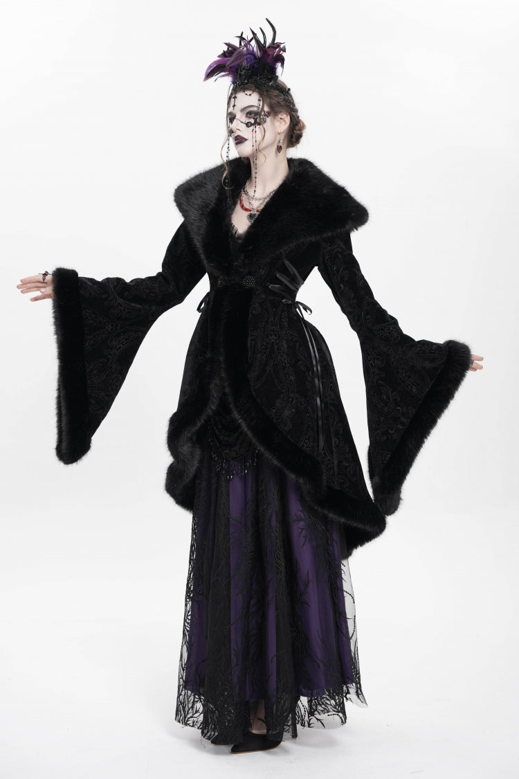 Black Long Sleeves Floral Embroidery Women's Gothic Fluffy Coat - Product - 4
