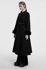 Black Long Sleeves Studded Floral Embroidery Faux Fur Stitching Women's Gothic Coat - Product - 2