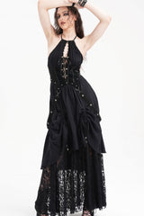 Black Halterneck Hollow Lace Women's Gothic Strap Maxi Dress - Product - 10