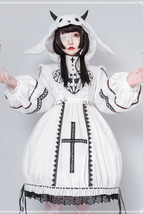 Beige Detachable Hat High Neck Woolen Cuffs Demon Rabbit Gothic Lolita OP Dress - Product - 2