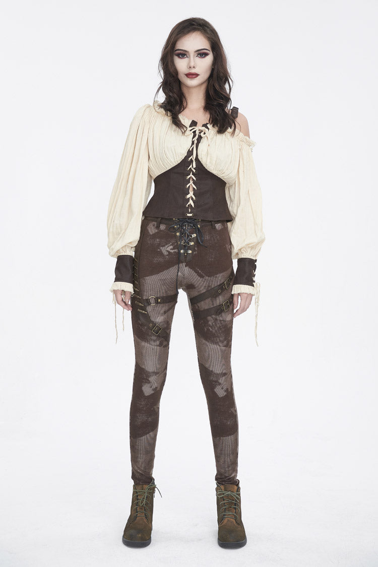 Brown High Waisted Print Women's Punk Pants - Product - 5